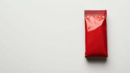 A vibrant red snack package rests on a plain white background, ideal for food photography. Perfect for promotions or product showcases in a minimal design.の素材