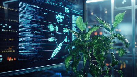 A contemporary laboratory scene featuring a vibrant plant beside a digital screen displaying complex data and research information, highlighting innovation in science.の素材