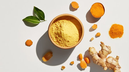 A close-up view of vibrant turmeric powder in a bowl alongside ginger root and fresh green leaves, showcasing the rich colors and natural ingredients for cooking and wellness.の素材