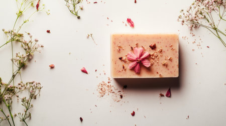 This image showcases a natural handmade soap adorned with a pink flower, surrounded by delicate botanical accents, perfect for beauty and wellness themes.の素材