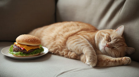 A serene orange cat peacefully sleeps beside a tempting cheeseburger on a cozy couch, showcasing a delightful moment of relaxation and food.の素材