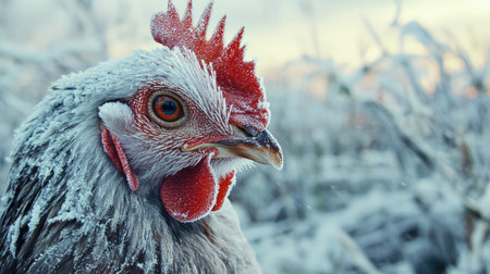 A close-up of a hen with frost-covered feathers, standing in a snowy winter landscapeの素材