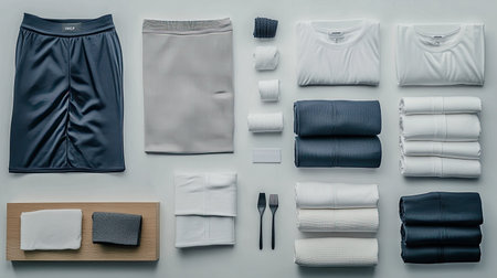 A visually appealing flat lay of various clothing items and textiles, presented in a modern minimalist style. Perfect for fashion and lifestyle content.の素材