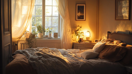 Cozy and elegant beige bedroom featuring a plush bed, neutral tones, and soft lightingの素材
