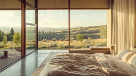 Dreamy neutral-toned bedroom with large windows overlooking a breathtaking landscapeの素材