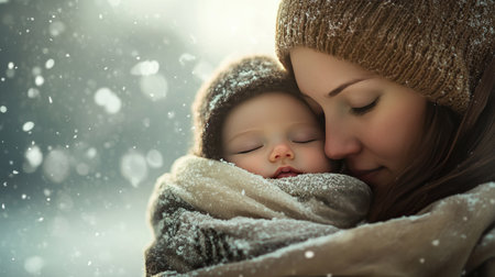 A mother holds her baby close, both wrapped in a soft scarf, snowflakes drifting in the backgroundの素材