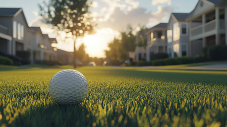A still golf ball on smooth grass, with soft evening light casting long shadows from housesの素材