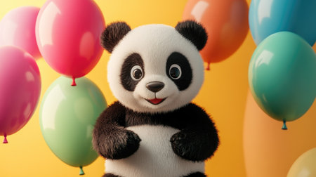 Black and white panda plush with vibrant balloons, symbolizing joy and childhood memoriesの素材