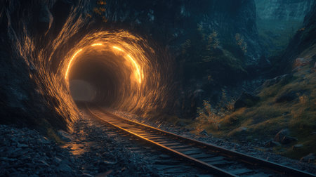 A mysterious railway path curving into a mountain tunnel, lit by warm ambient lightsの素材