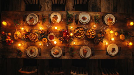 Christmas feast set on a rustic wooden table, surrounded by glowing candles and decorの素材