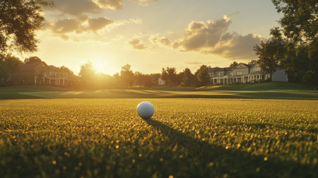 Golden hour view of a golf ball on a course near luxury homes, peaceful and serene settingの素材