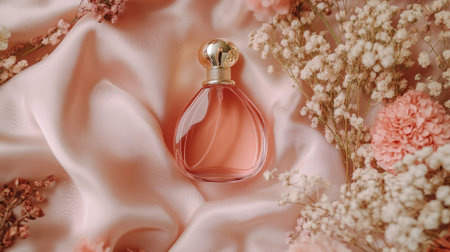 Elegant pink fragrance bottles placed on a silky fabric with delicate floral and gold festive detailsの素材