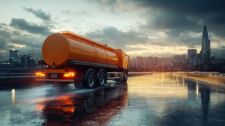 Heavy-duty orange tanker truck transporting liquid cargo through a metropolis under cloudy skiesの素材