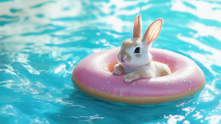 Playful bunny relaxing on a pink donut-shaped float, surrounded by rippling blue waterの素材