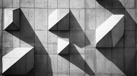 A captivating abstract image featuring geometric shapes casting shadows on a concrete wall. The interplay of light and shadow creates a striking visual effect suitable for various design projects.の素材