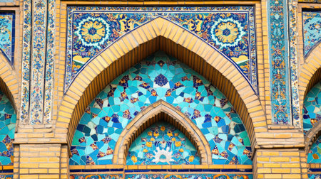 Explore the beauty of detailed mosaic patterns and arches in historical architecture. This vibrant image showcases the intricate designs and rich colors of an ornate structure.の素材
