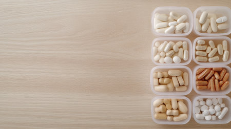 Assorted dietary supplements in pill organizers on a light wooden table, emphasizing simplicity with copy space.の素材