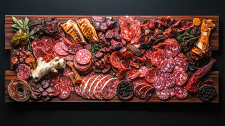 A vibrant charcuterie board featuring a variety of cured meats and fresh herbs, showcasing an array of textures and colors perfect for gatherings or events.の素材