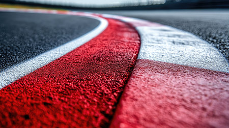 A striking close-up of red and white racing track curbs captures the essence of high-speed motorsport, showcasing the textured asphalt and dynamic curves. Perfect for motorsport enthusiasts.の素材