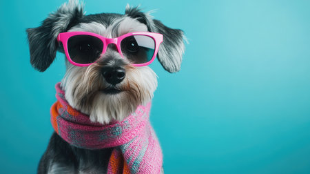 A stylish Miniature Schnauzer in pink sunglasses and a trendy scarf, striking a playful poseの素材