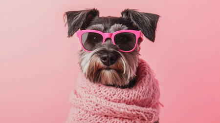 A stylish Miniature Schnauzer in pink sunglasses and a trendy scarf, striking a playful poseの素材