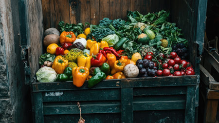 A vibrant display of fresh vegetables in a rustic crate, showcasing a variety of colors and types, perfect for market, cooking inspiration, and healthy eating.の素材