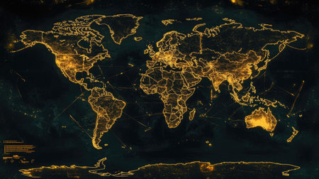 Artistic representation of a world map featuring golden lines on a dark background, ideal for themes of geography, technology, and abstract design. Perfect for educational and travel-related projects.の素材