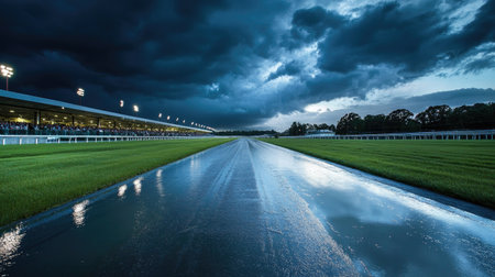 A stunning view of a horse racing track under a dramatic sky filled with dark clouds. The wet asphalt reflects the intense atmosphere, capturing nature's beauty.の素材