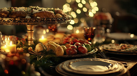 A beautifully arranged festive table with an array of delicious foods, candles glowing softly, and a warm holiday atmosphere perfect for gatherings.の素材