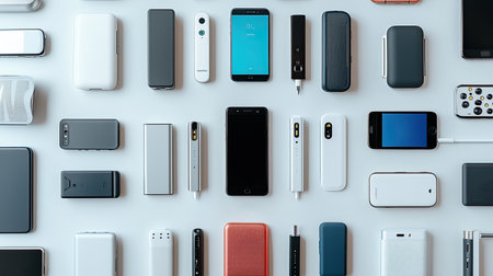 An aerial composition showcasing a diverse range of modern mobile devices arranged neatly on a light background, representing contemporary technology and lifestyle.の素材