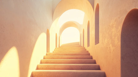 A serene and inviting staircase leads upward into bright light, framed by elegant arches. The warm tones and soft shadows evoke a feeling of tranquility and exploration.の素材