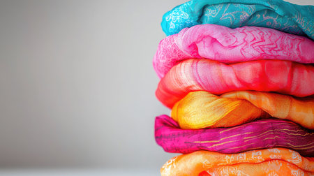A beautifully arranged stack of colorful scarves in various shades, showcasing intricate patterns and soft textures, ideal for fashion inspiration and styling ideas.の素材