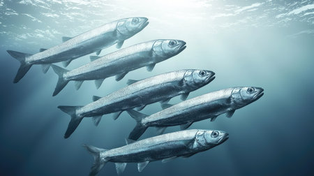 A captivating image showcasing a school of fish swimming gracefully in the clear blue waters of the ocean, highlighting marine beauty and tranquility.の素材