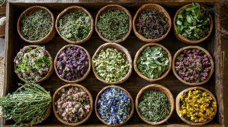 A stunning arrangement of fresh herbs and flowers in rustic baskets showcases a variety of colors and textures, celebrating natural beauty and organic freshness.の素材