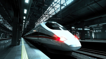 A modern high-speed train awaits at a vibrant station, showcasing sleek design and innovative architecture. The dynamic lighting emphasizes motion and speed.の素材