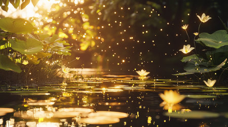 A tranquil lake scene featuring delicate floating flowers, surrounded by lush greenery and shimmering particles, creating a serene and peaceful atmosphere.の素材