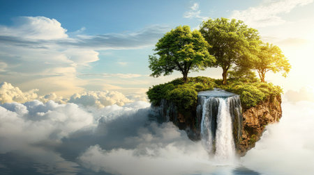 A stunning floating island features a cascading waterfall and lush green trees amidst soft clouds and a bright sky, evoking a sense of tranquility and wonder.の素材