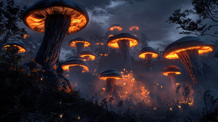 A stunning view of a magical forest featuring tall, glowing mushrooms under a dramatic night sky, creating an otherworldly atmosphere filled with vibrant colors and intrigue.の素材