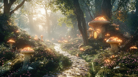 Discover a magical forest pathway adorned with glowing mushrooms and vibrant flowers. The enchanting light filters through trees, creating a serene atmosphere.の素材