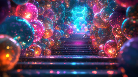 An enchanting staircase leads through a tunnel of colorful glittering spheres, creating a dreamlike atmosphere filled with vibrant lights and depth.の素材