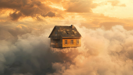 A whimsical and surreal image of a floating house amidst clouds at sunset, symbolizing serenity and imagination, perfect for creative projects.の素材