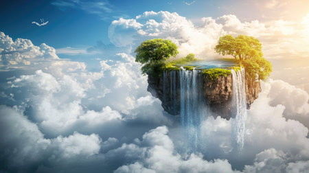 A stunning floating island features a captivating waterfall cascading into the clouds, surrounded by lush green trees against a brilliant blue sky, evoking a sense of peace and fantasy.の素材