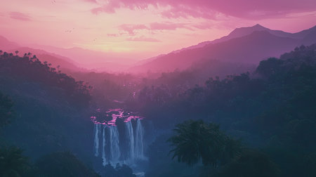 Stunning view of a tranquil waterfall surrounded by lush tropical foliage at sunset, capturing the serene beauty and vibrant colors of nature's landscape.の素材