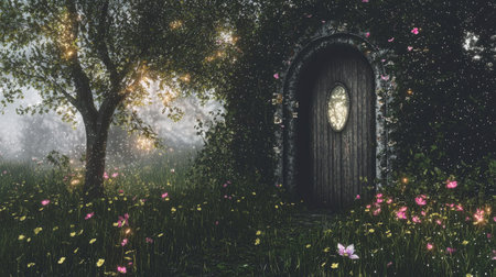 A captivating forest doorway adorned with vibrant flowers, bathed in soft light and mist. This enchanting scene evokes a sense of magic and adventure amidst nature's beauty.の素材