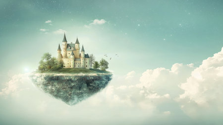 A stunning visual of an enchanted castle floating majestically above soft clouds, blending fantasy with breathtaking natural beauty in a serene sky.の素材