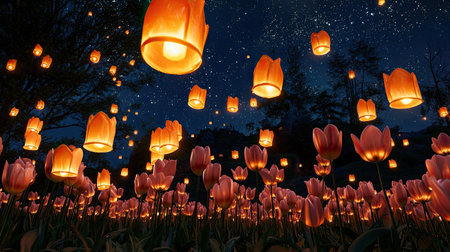 A breathtaking scene featuring glowing lanterns floating above a field of vibrant tulips under a starlit night, creating a magical and serene atmosphere.の素材