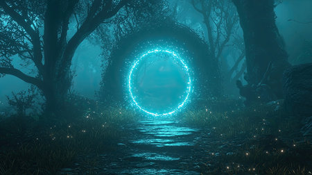 A captivating enchanted portal radiates a soothing blue glow in a foggy forest. The serene atmosphere invites exploration of timeless mysteries in nature.の素材