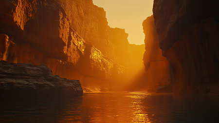 Vivid sunset casts golden light across a serene canyon landscape with tranquil waters reflecting warm hues, creating a peaceful atmosphere for exploration.の素材