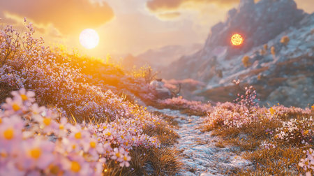 Stunning landscape featuring colorful flowers along a winding path at sunset. The serene scenery captures the beauty and tranquility of nature in a peaceful setting.の素材
