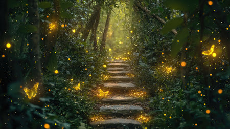 A captivating pathway winds through a lush forest, illuminated by glowing lights and butterflies. This enchanting scene invites peaceful exploration and serenity.の素材